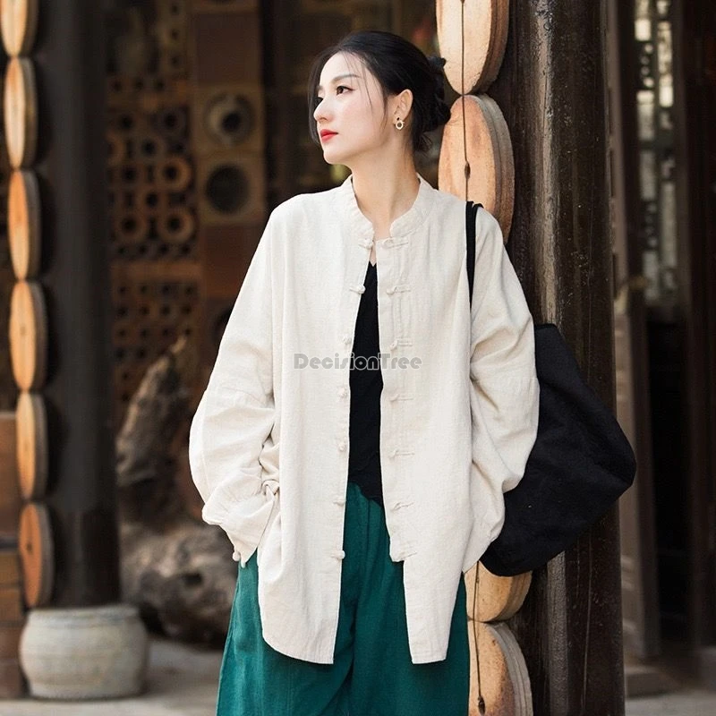 2024 vintage pan button pure cotton coat chinese ethnic solid color simple style sunscreen cardigan literature art tea garment