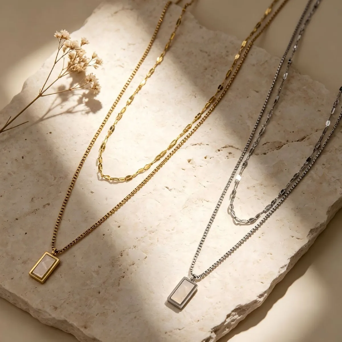 

Women Minimalist Double Layer Necklace Natural Shell Square Charm Titanium Steel Waterproof Neck Accessories