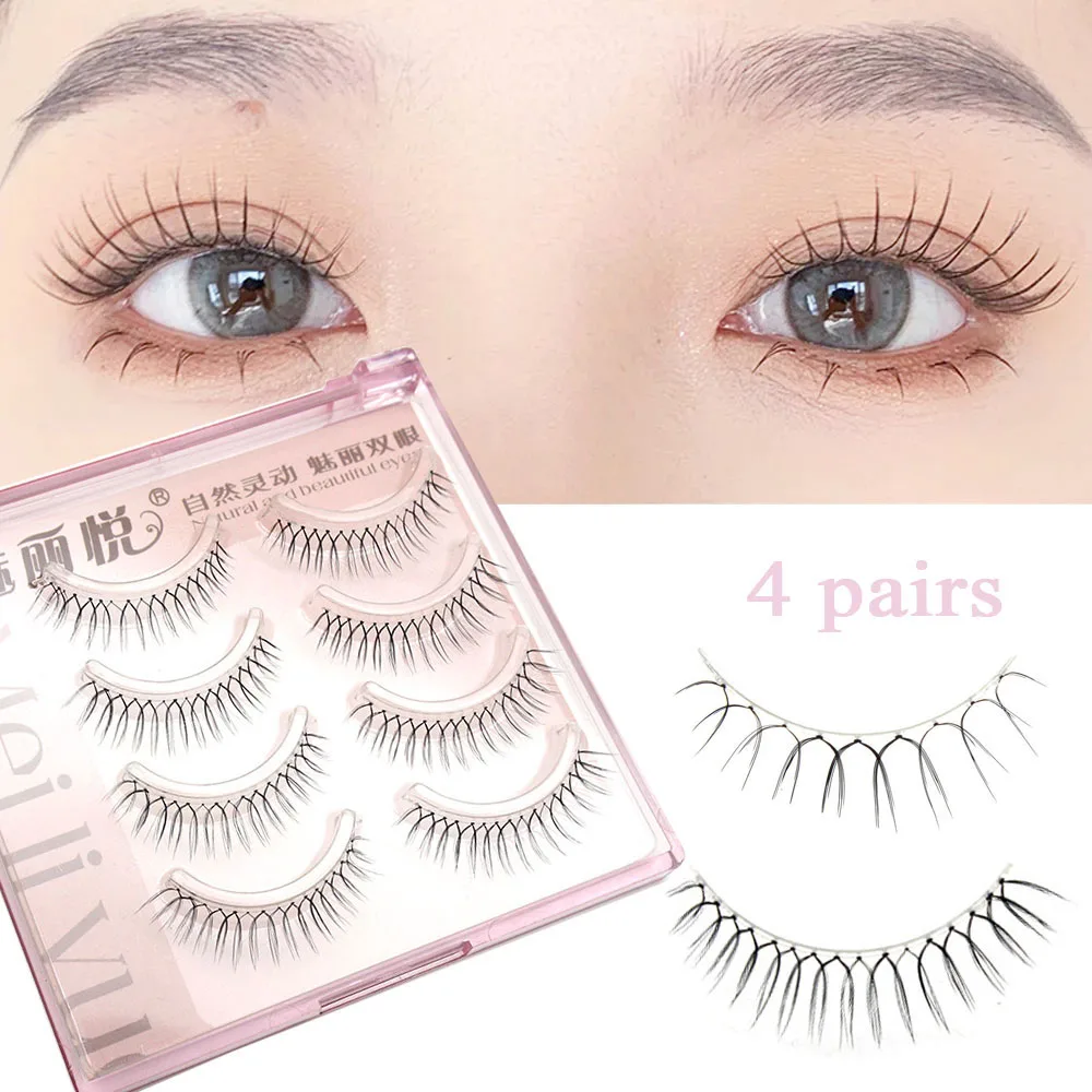 4 Pairs Korean False Eyelashes U-shaped Handmade Artificial Eyelashes Transparent Stems Natural Long Eyelashes Daily Makeup Tool