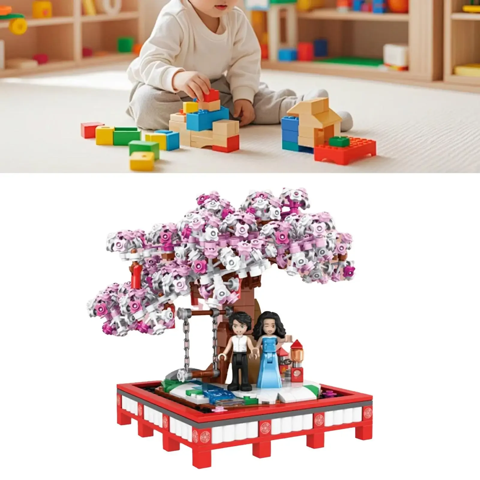 مجموعة بناء بونساي بزهر الكرز الجذعية، مجموعة طوب شجرة الزهور مع أرجوحة دوارة، ألعاب البناء التعليمية