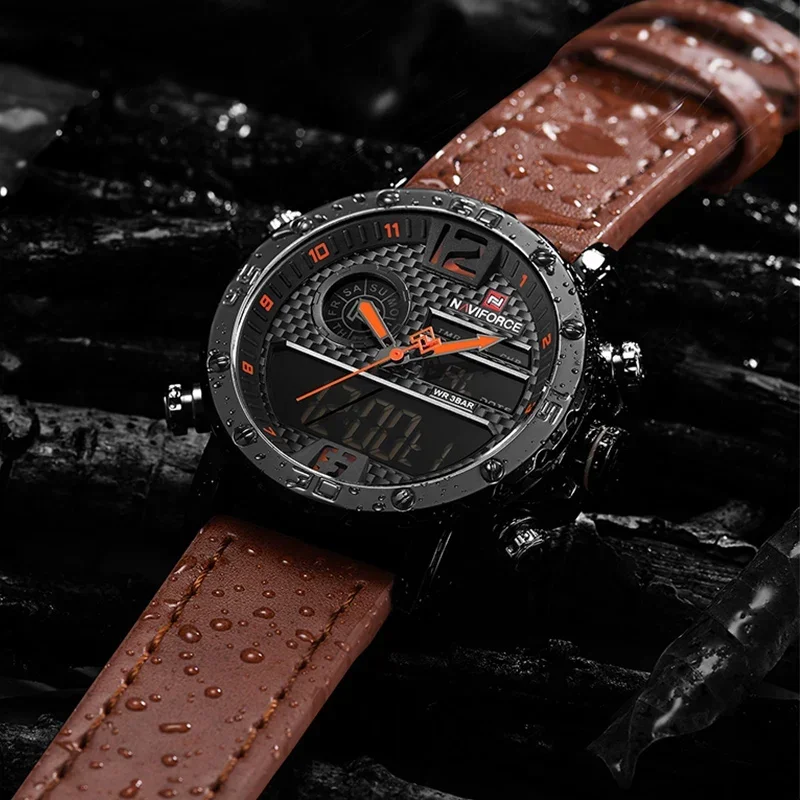NAVIFORCE – Montre de sport pour homme, marque de luxe en cuir, à Quartz et affichage numérique LED, horloge étanche et style militaire pour