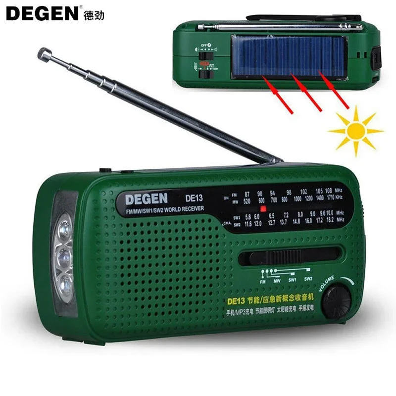 DEGEN DE13 FM AM SW كرنك دينامو الطاقة الشمسية راديو الطوارئ استقبال عالمي جودة عالية VS Tecsun PL-310ET VS Panda 6200