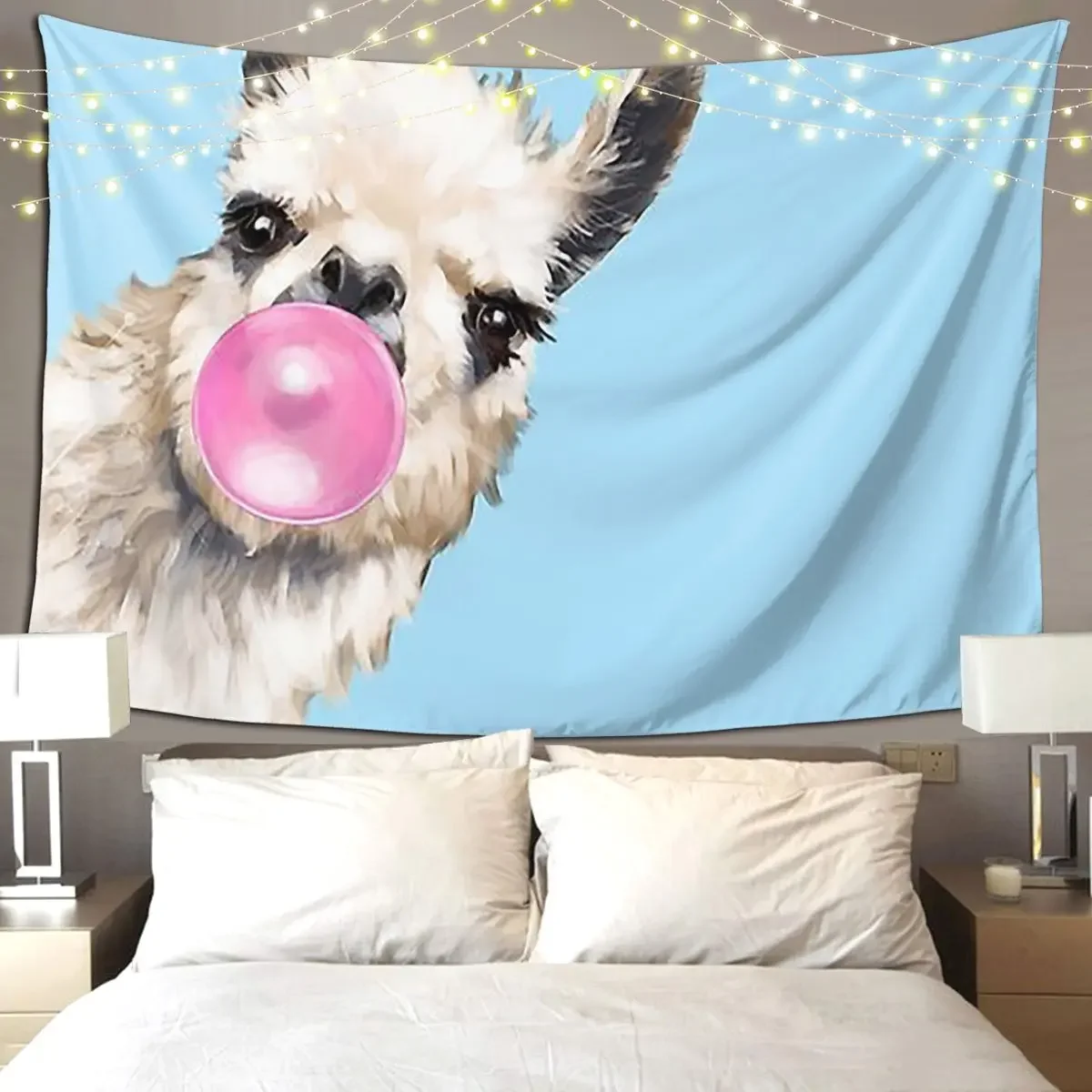 Bubble Gum Sneaky Llama In Blue Tapestry Hippie Wall Hanging Aesthetic Home Decor Tapestries for Living Room Bedroom Dorm Room