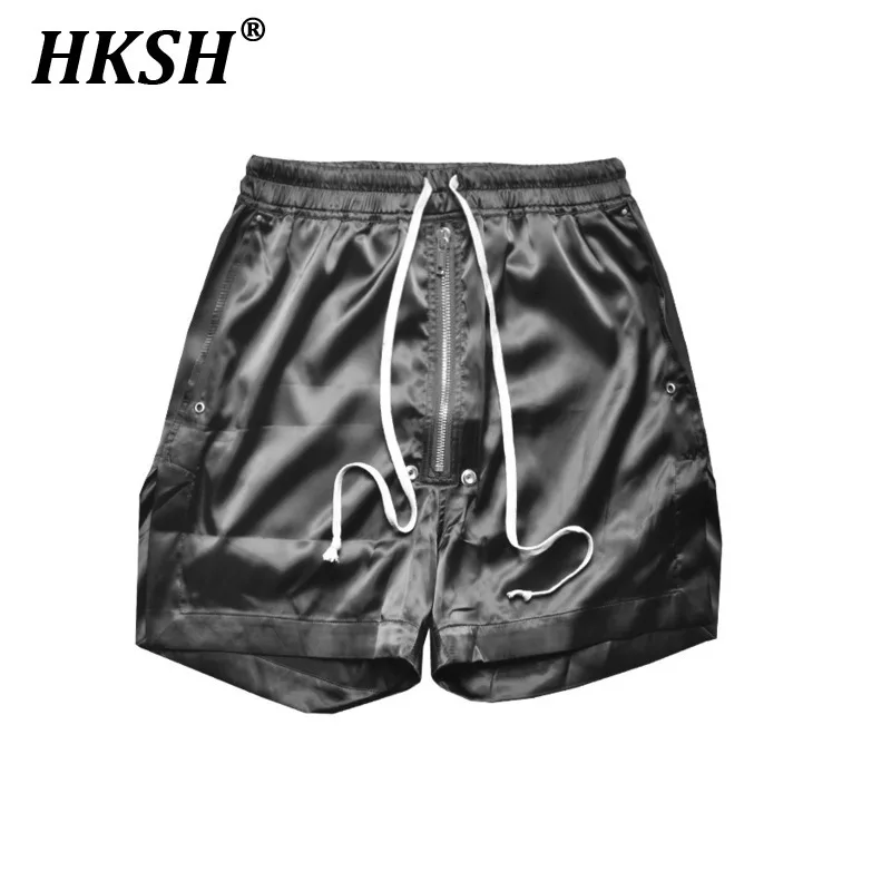 HKSH Summer Men\'s Tide Dark RO Acetate Silk Glossy Shorts Front Zipper Slit Casual Pants Women Fashion Chic Niche Capris HK1513