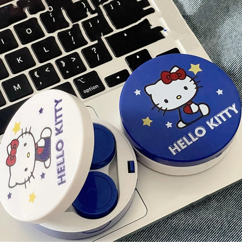 Sanrio Hello Kitty Contact Lens Box Blue Circle Cute Cartoon Portable Care Box Contact Lens Companion Box Mirror A Gift for Girl