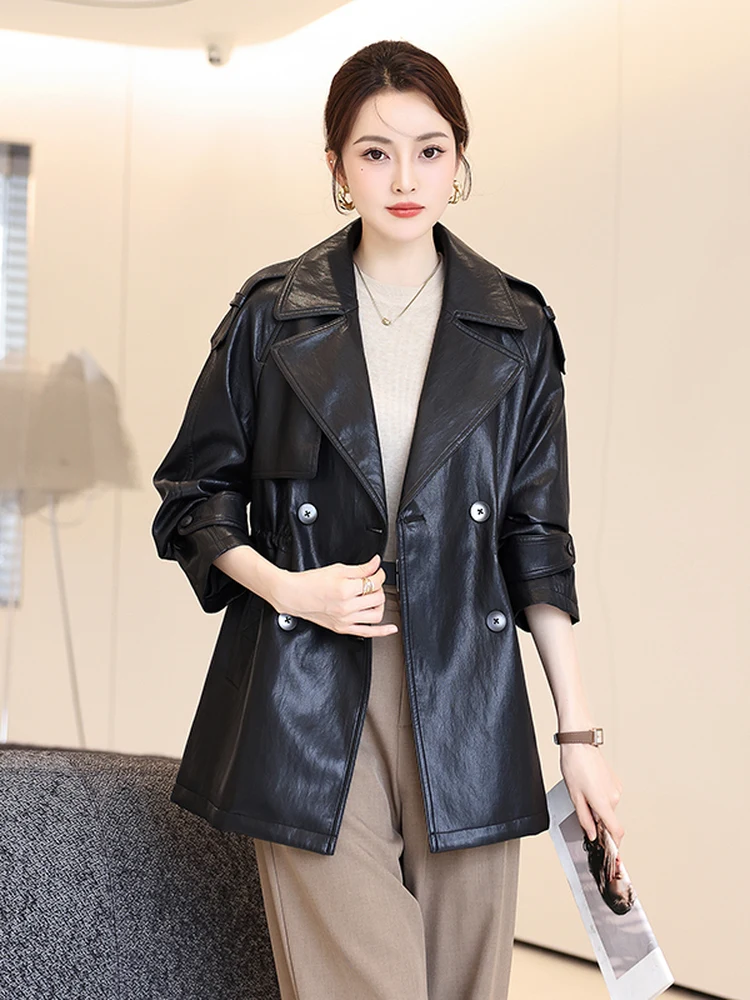   Ning cuir véritable Jaet femmes mi-long 2025 nouveau printemps automne haut de gamme décontracté coupe ajustée eepskin manteau