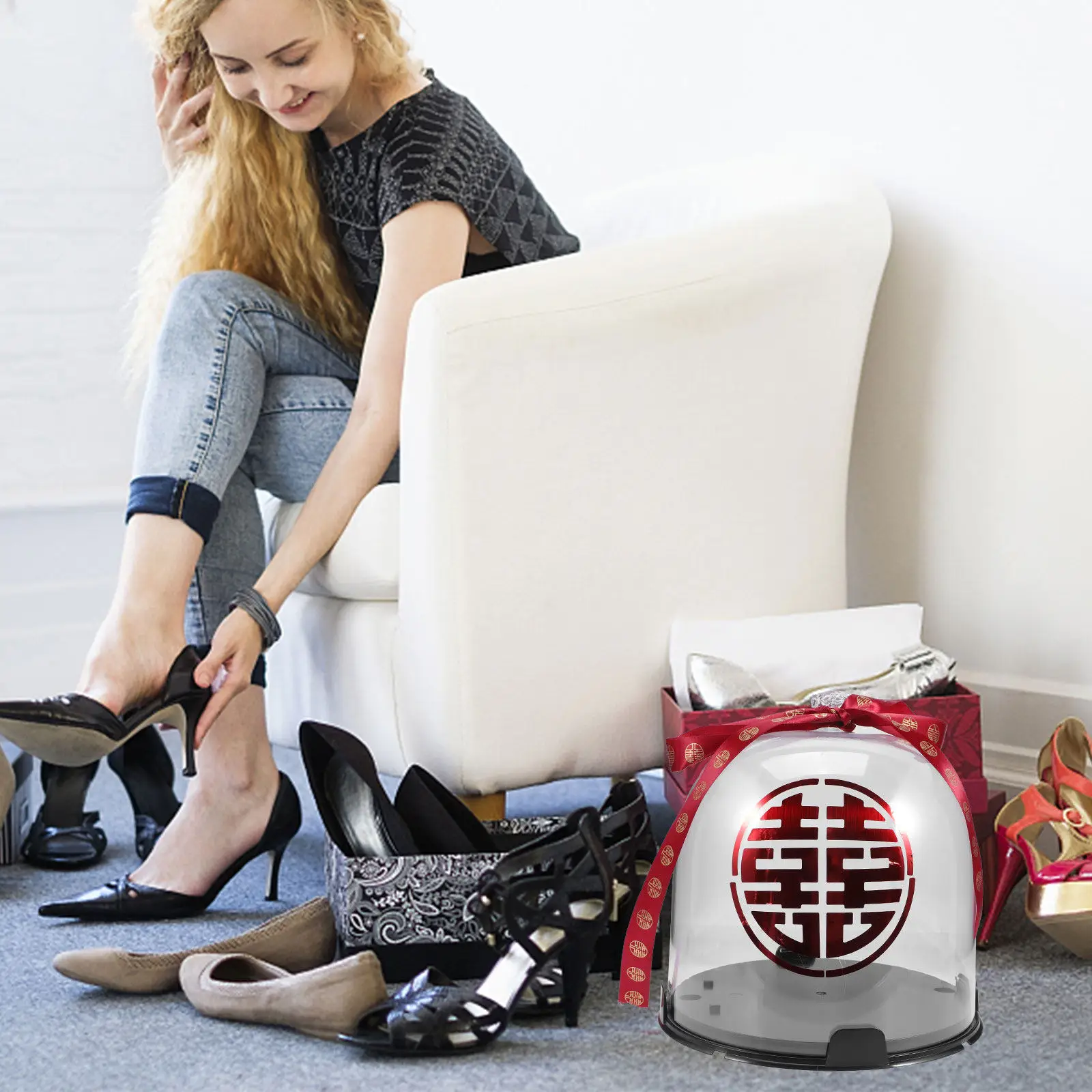 

Набор из 1 шт. прозрачных пылезащитных коробок для свадебных туфель на высоком каблуке с китайской лентой и наклейкой Xi для хранения подарков