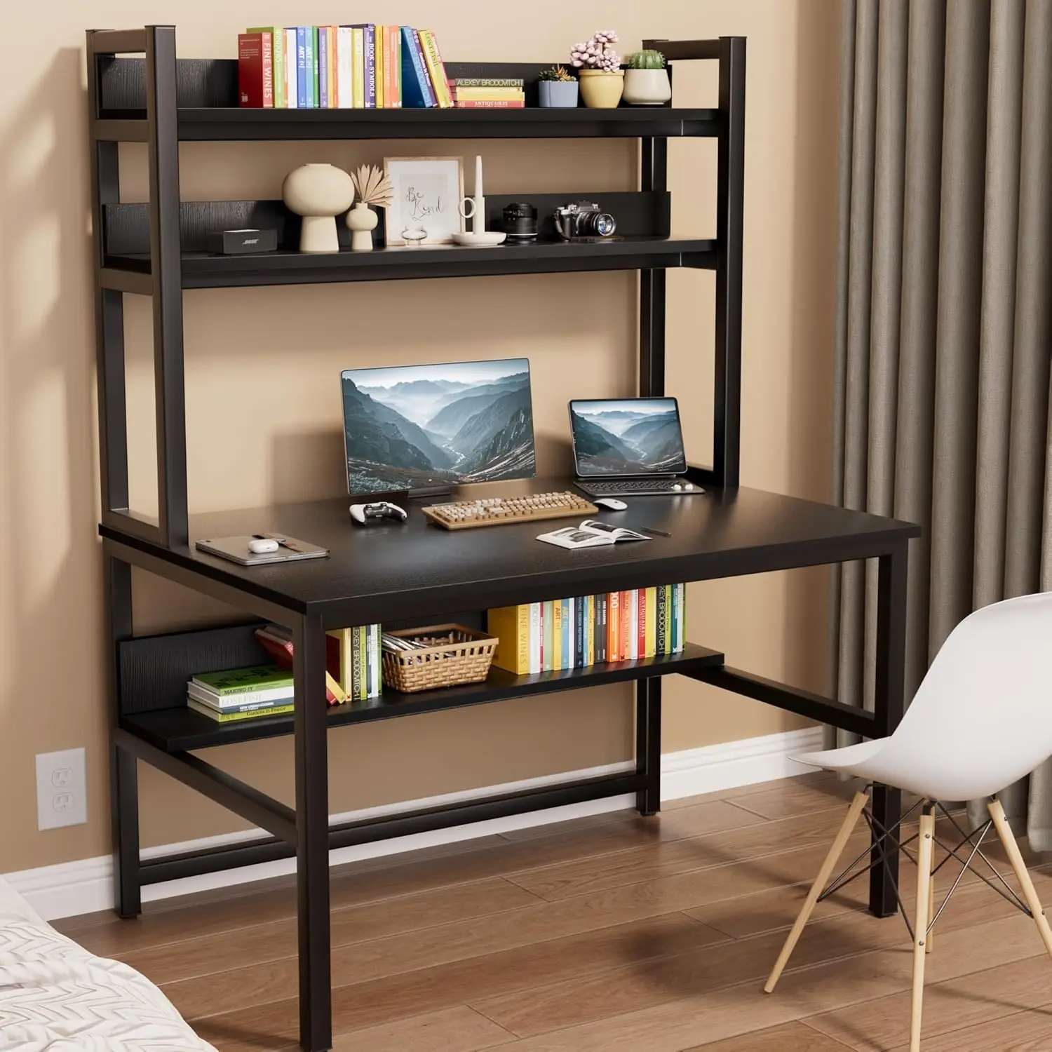 Aquzee Modern Computer Desk with Hutch and Shelves, Space-Saving Study Desk Bookshelf Combo, Black