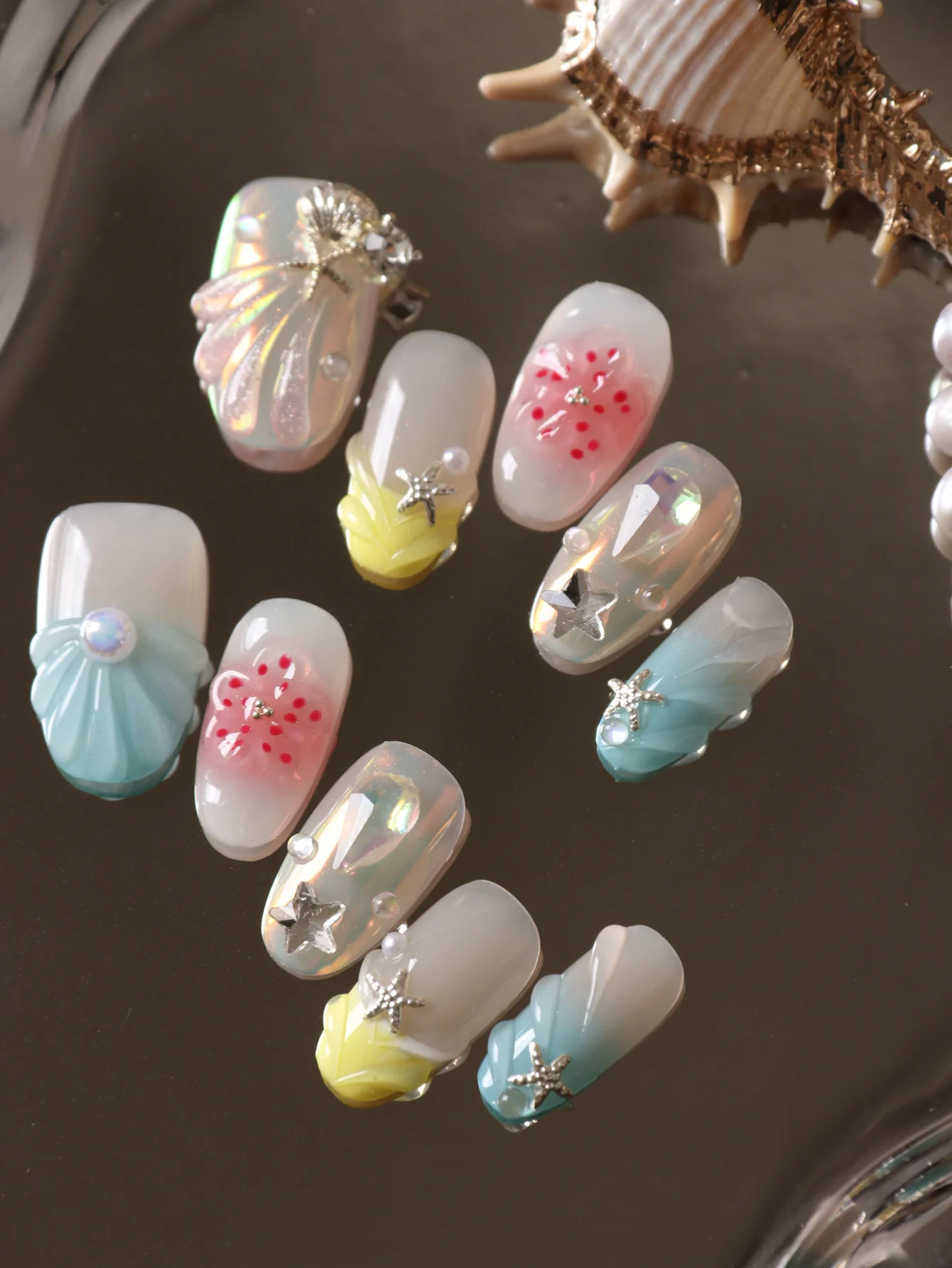 10Pcs Acrylic Press on Nails in Blue, Yellow, Red Starfish D