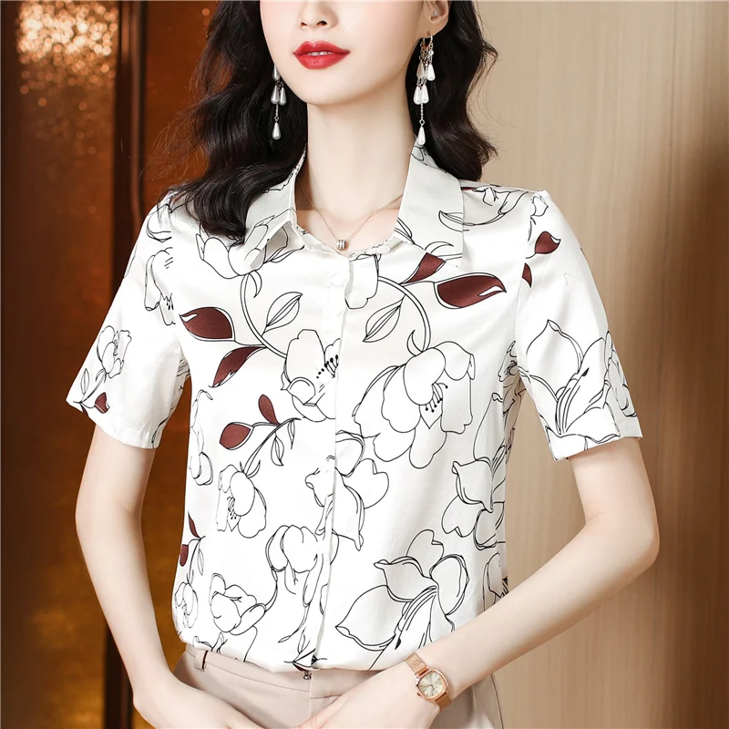 

Summer Flower Satin Silk Shirt Women Blouses Elegant Office Ladies Business Work Shirt Short Sleeve Basic Top