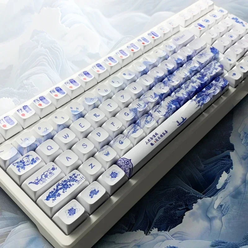 Blue and White Porcelain Keycaps Custom PBT ZDA Profile Mirror Keycaps Cute Anime Point Key Cap for Gaming Mechanical Keyboard