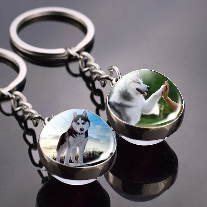 Animal Key Chain Siberian Husky Key Ring  Double Side Glass Ball Keychain Dog Keyring Animals Jewelry