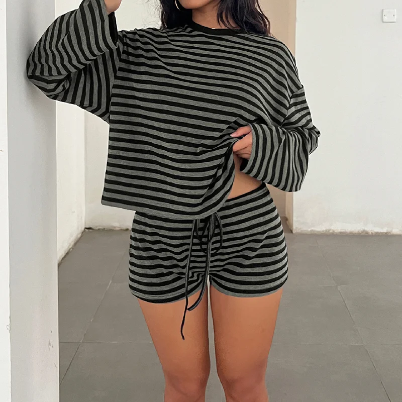 

Комплекты из 2 предметов, женская футболка в полоску с круглым вырезом и длинными рукавами, повседневные шорты на шнурке, осенняя женская одежда, комплекты уличной одежды