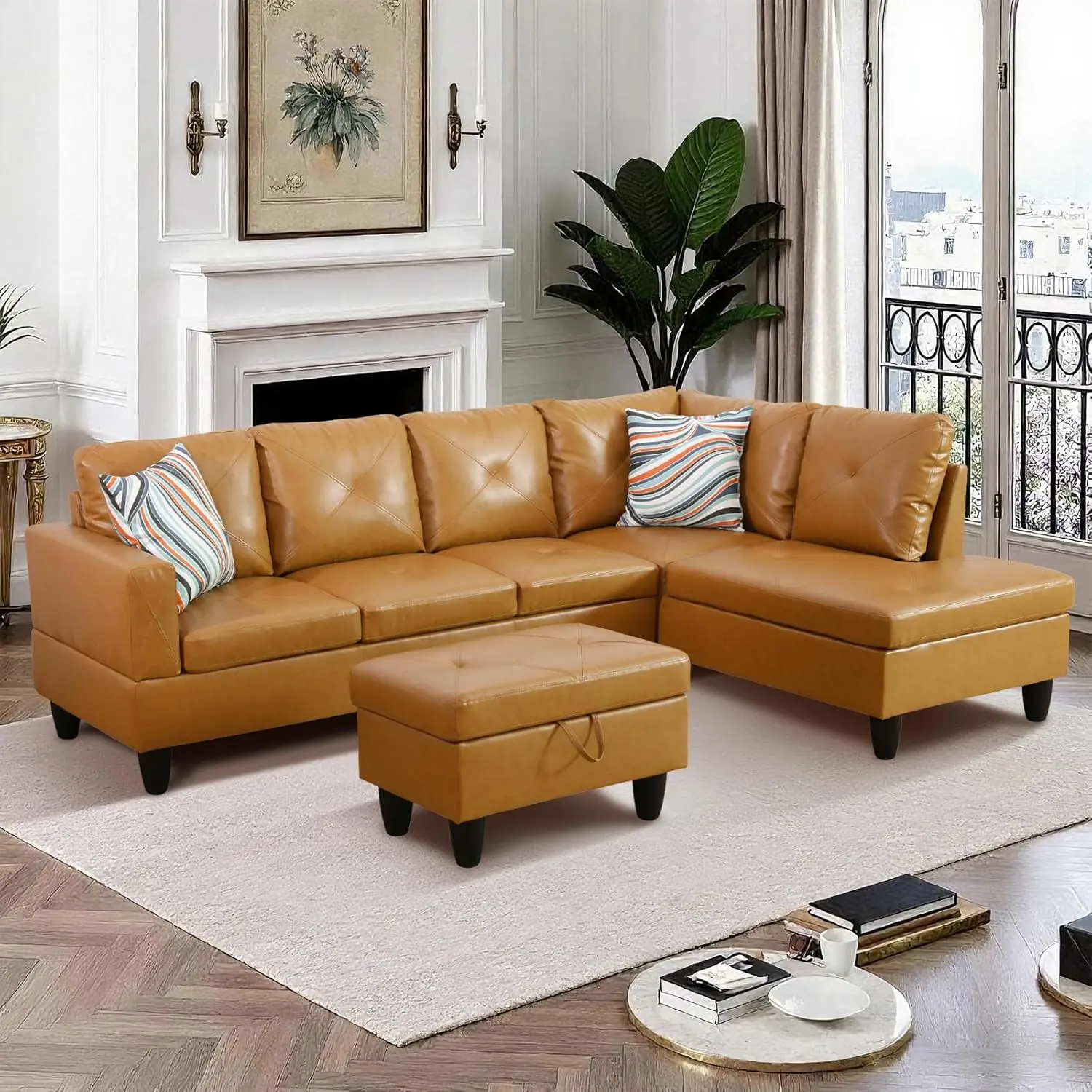 

L-Shaped 3-Piece Sectional Sofa Set, Reversible Chaise, Storage Ottoman, Solid-Wood Frame, Modern Small-Space Couch, Ginger