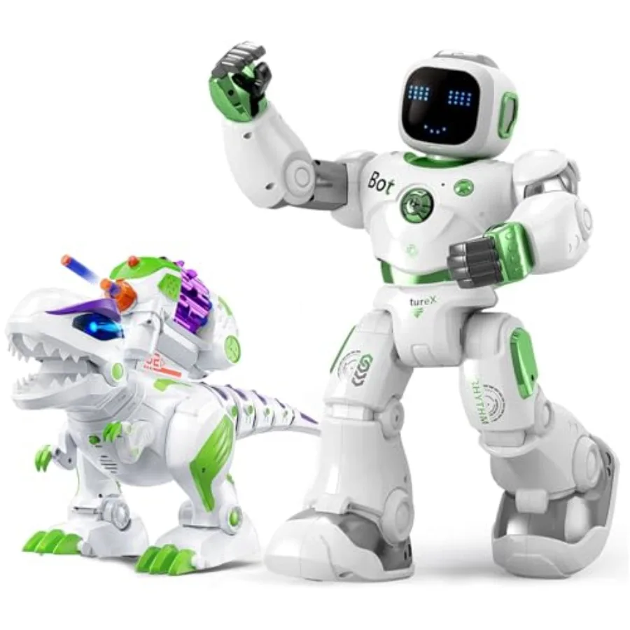 

Robot Dinosaur and Smart Green Robot for educational play, ABS plastic, green, interactive motion and sound features
