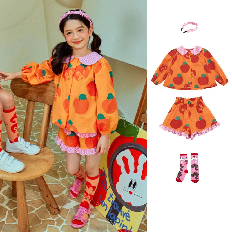 Korean Little Girls Carnival Dress Cute Apple Print2025 New Spring Summer Outfit with Shirts And Shorts Set for Children Presale