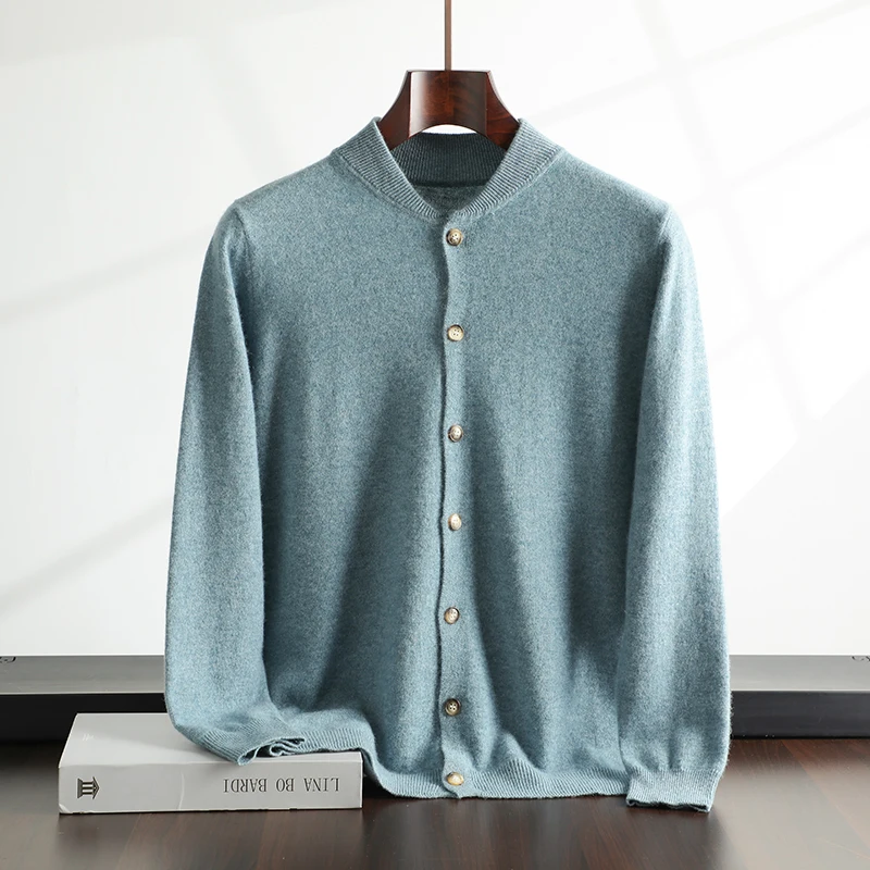 Men's Shawl Collar Autumn Winter 100% Pure Cashmere Knitted Cardigan Green Apple Leaf Design Warm Comfortable Open Front Sweater