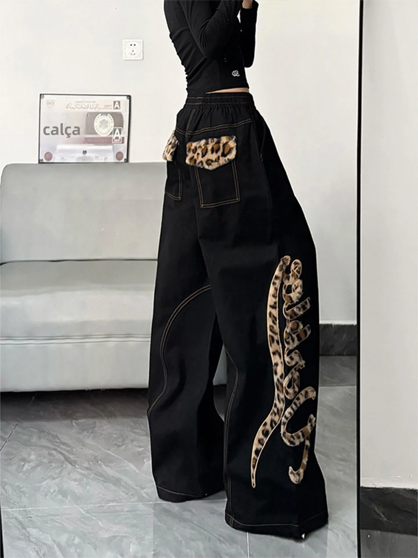 Calças Jeans Estilo Americano com Estampa de Leopardo, Patchwork, Soltas, Vintage, de Cintura Alta, Perna Larga, Casuais para...