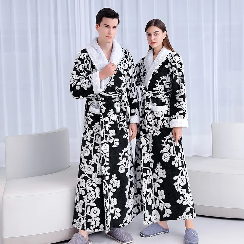 

Men Plus Size Warm Flannel Bathrobe 40-100 KG Men Winter Coral Fleece Bath Robe Night Sleepwear Women Dressing Gown Cozy Robes
