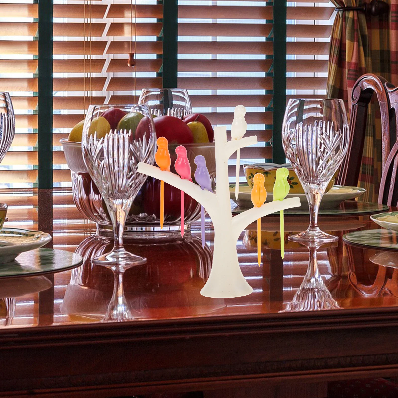 

Plastic Green Fruit Fork Toothpick Tree Bird Design Corrosion Rust Resistant for Outdoor Picnic Travel Fruit Toothpick