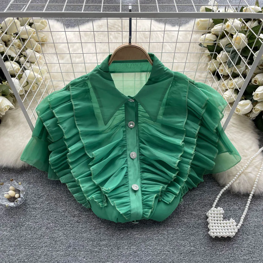 

Summer Thin Elegant Design Lotus Leaf Splicing Turn-down Collar Single Button Loose Fashionable Women's Chiffon Shirt