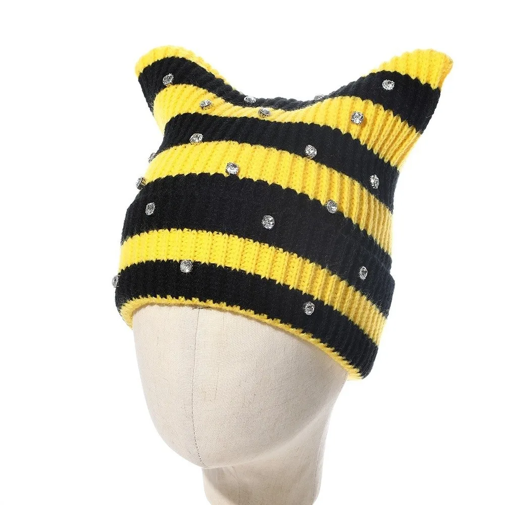 New Yarn Cat Ear Beanie Stretchable Knit Crystal Striped Hat Punk Gothic Y2K Harajuku Knitted Skull Cap Women and Men