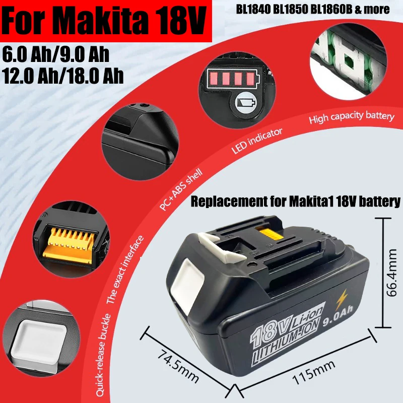 لماكيتا بطارية 18 فولت 9Ah/18Ah ليثيوم أيون استبدال BL1860B BL1860 BL1850 BL1830 DHP482RFX9 BL1815 LXT400 للتدريبات اللاسلكية #3