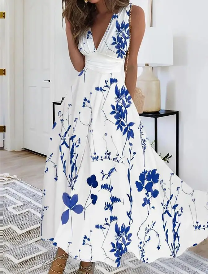 Elegant Deep V Neck High Waist Sleeveless Vest Dress Female Summer Sexy Print Casual Party Wedding Dressy Women Sweet Style Gown