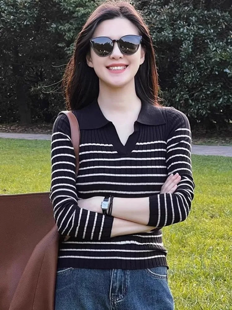 

Трикотаж в полоску Long Sve, удобный базовый слой irt Bla, белый цвет, блузка, антивозрастной корейский женский топ