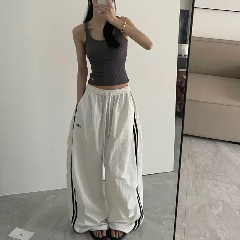 QWEEK Harajuku Vintage Striped Pants Woman\'s Oversized Korean Fashion Cargo Trousers Jogger Baggy Black Sports Casual Sweatpants