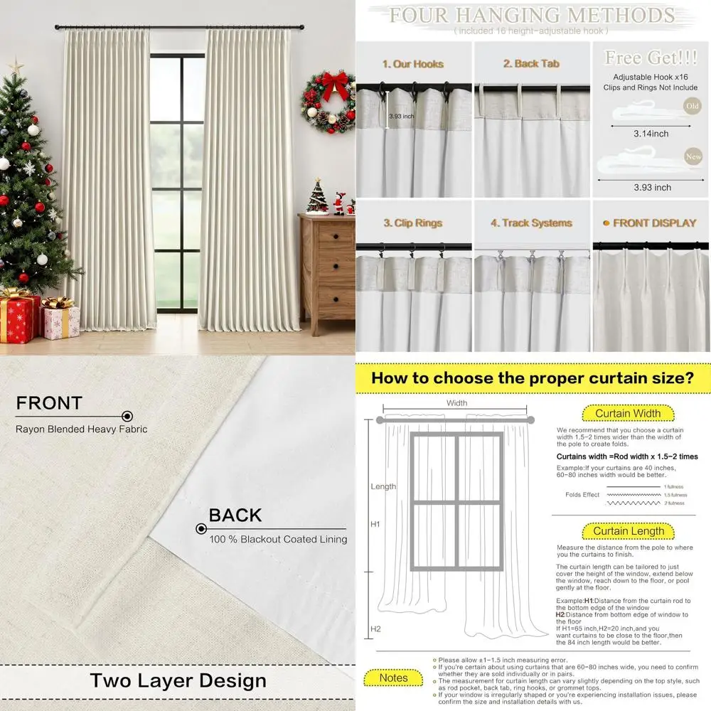 

Linen Blackout Curtains 84 - 100% Blockout, Thermal Insulated, Double Layer, Pinch Pleated Drapes with Hooks, Natural, 2 Pack