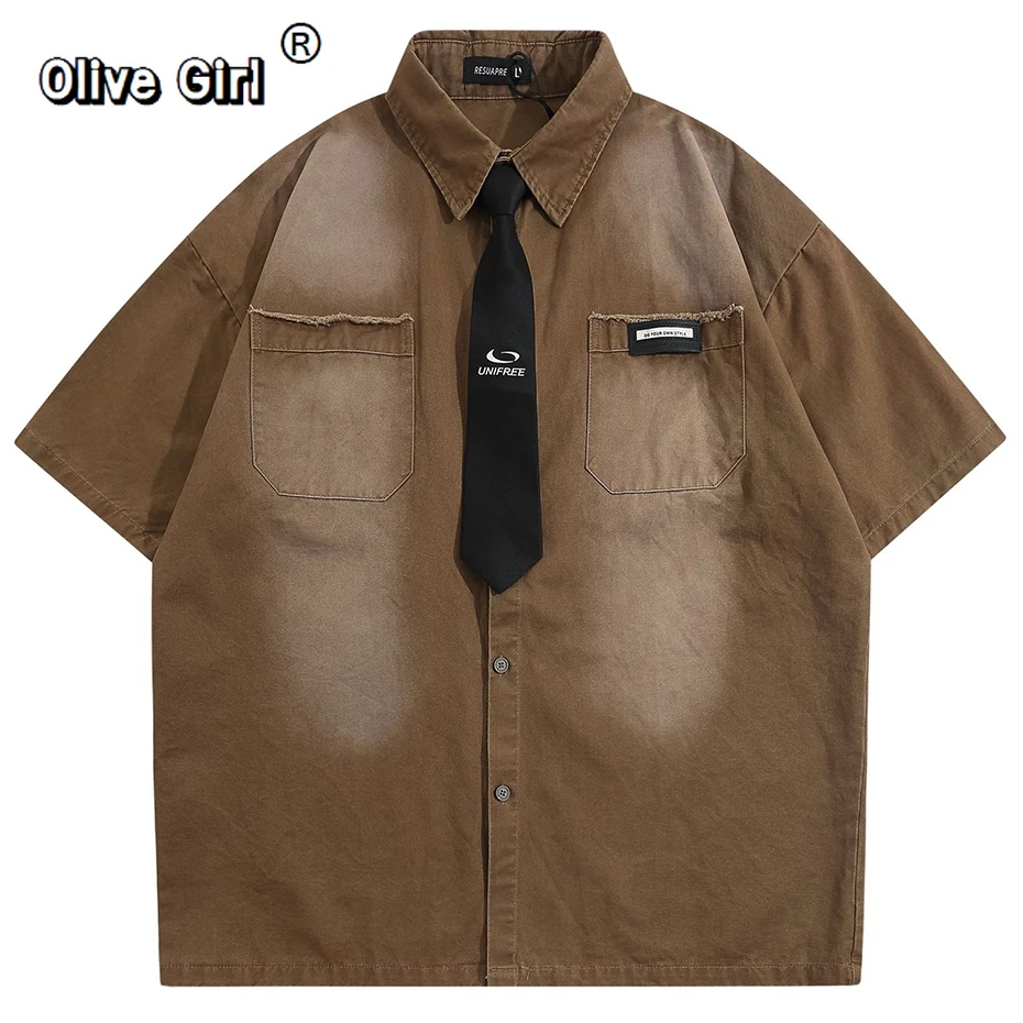 Olive girl Blouse Hip Hop Oversized Y2K Shirts Vintage Shirts Necktie Unisex Varsity Shirts Summer Loose Short Sleeve Blouse