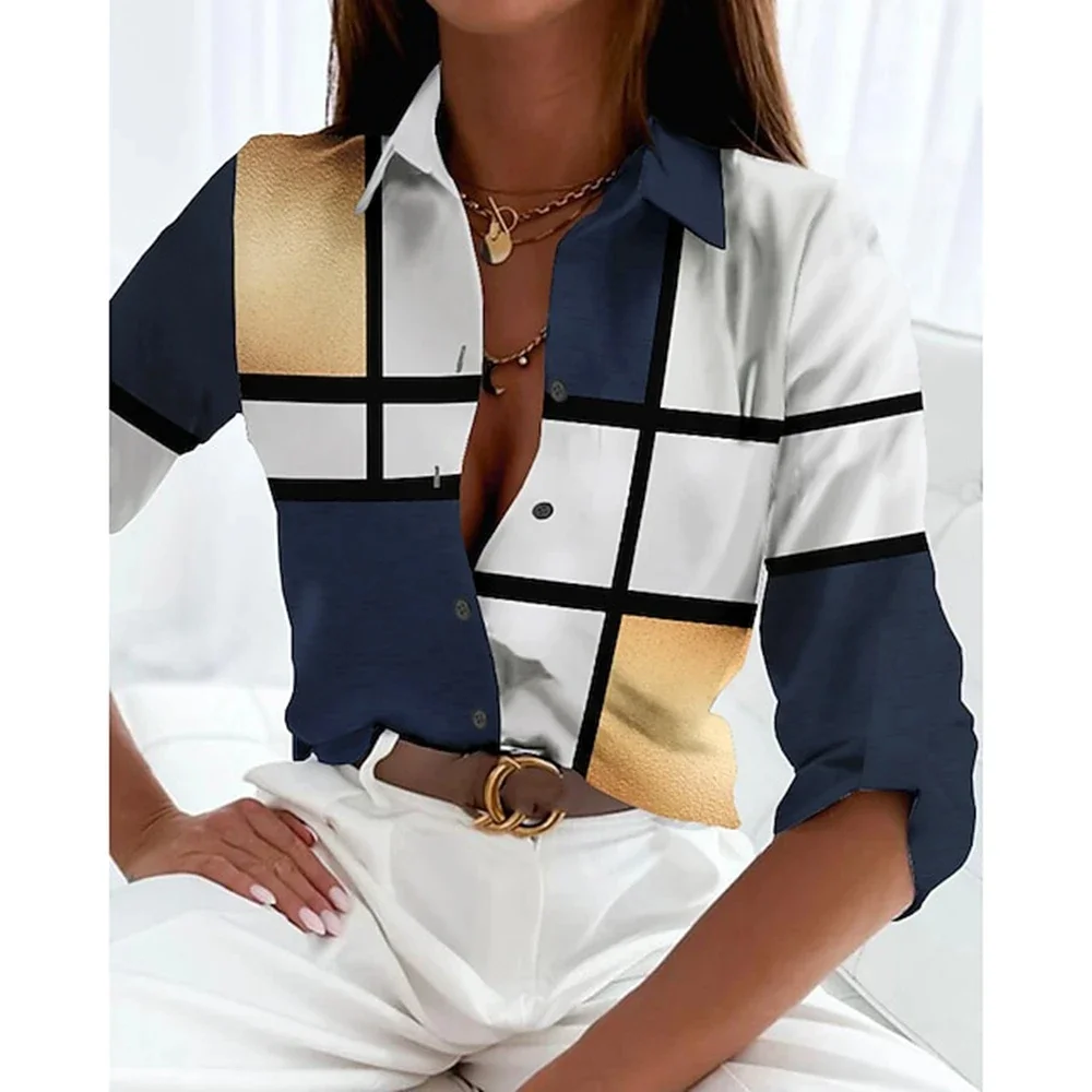 Summer New Women\'s Shirt Fashion Plaid Button Digital Printing Long Sleeve Elegant Daily 2024 European and American Shirt