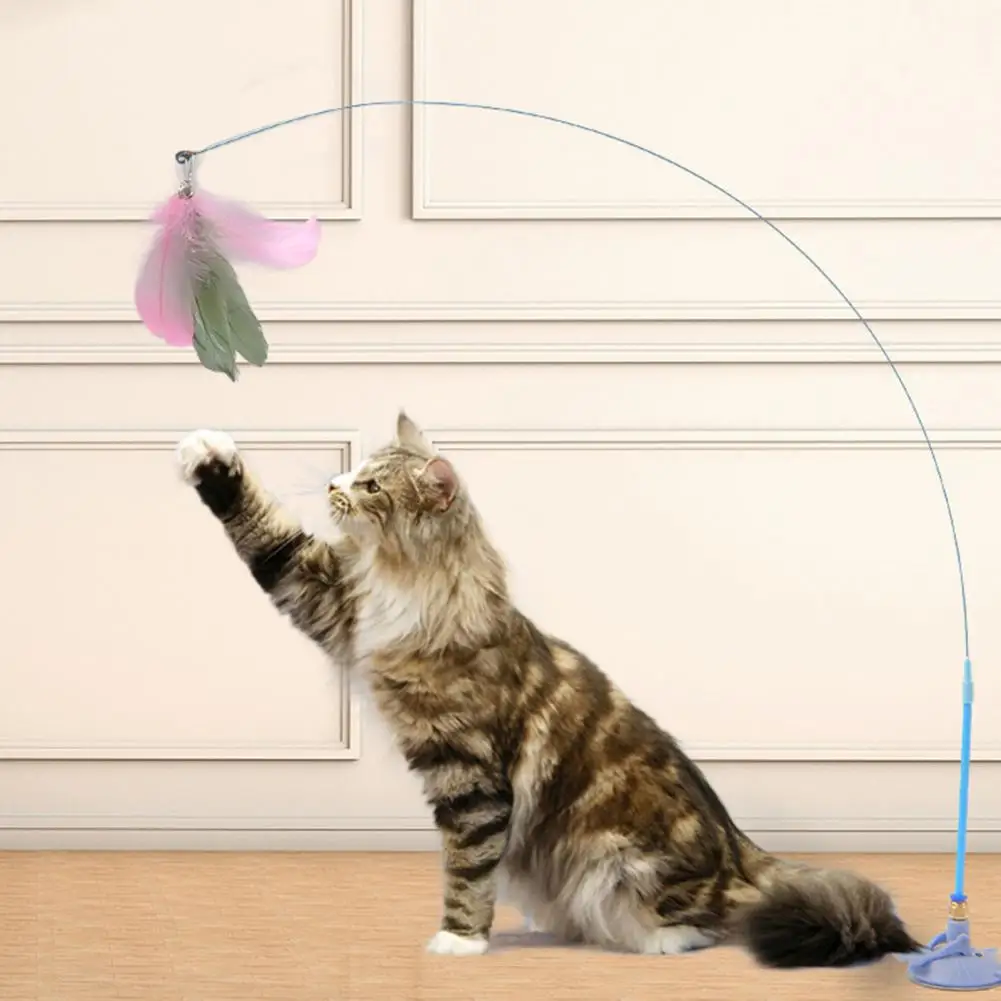 Detachable Steel Wire Pole Cat Toy Fluffy Feather Cat Toy Set with Detachable Teaser Wand Sucker Base Fun Kitten for Endless