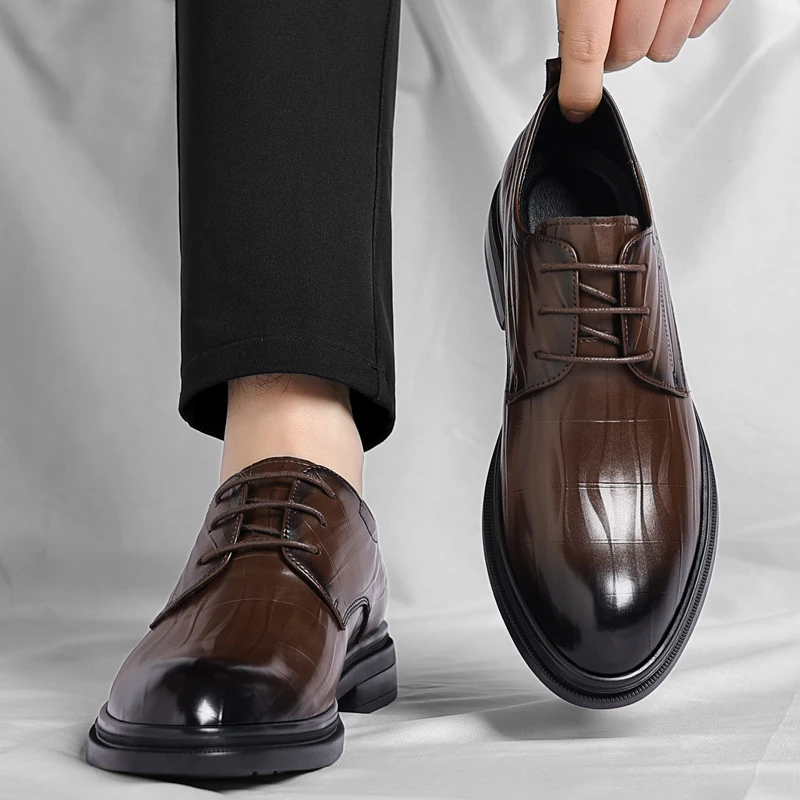 Mens Black Genuine Leather Brogue Textured Lace Up Formal Business Office Groom Wedding Daily Wear Shoes Commuting Fashion New