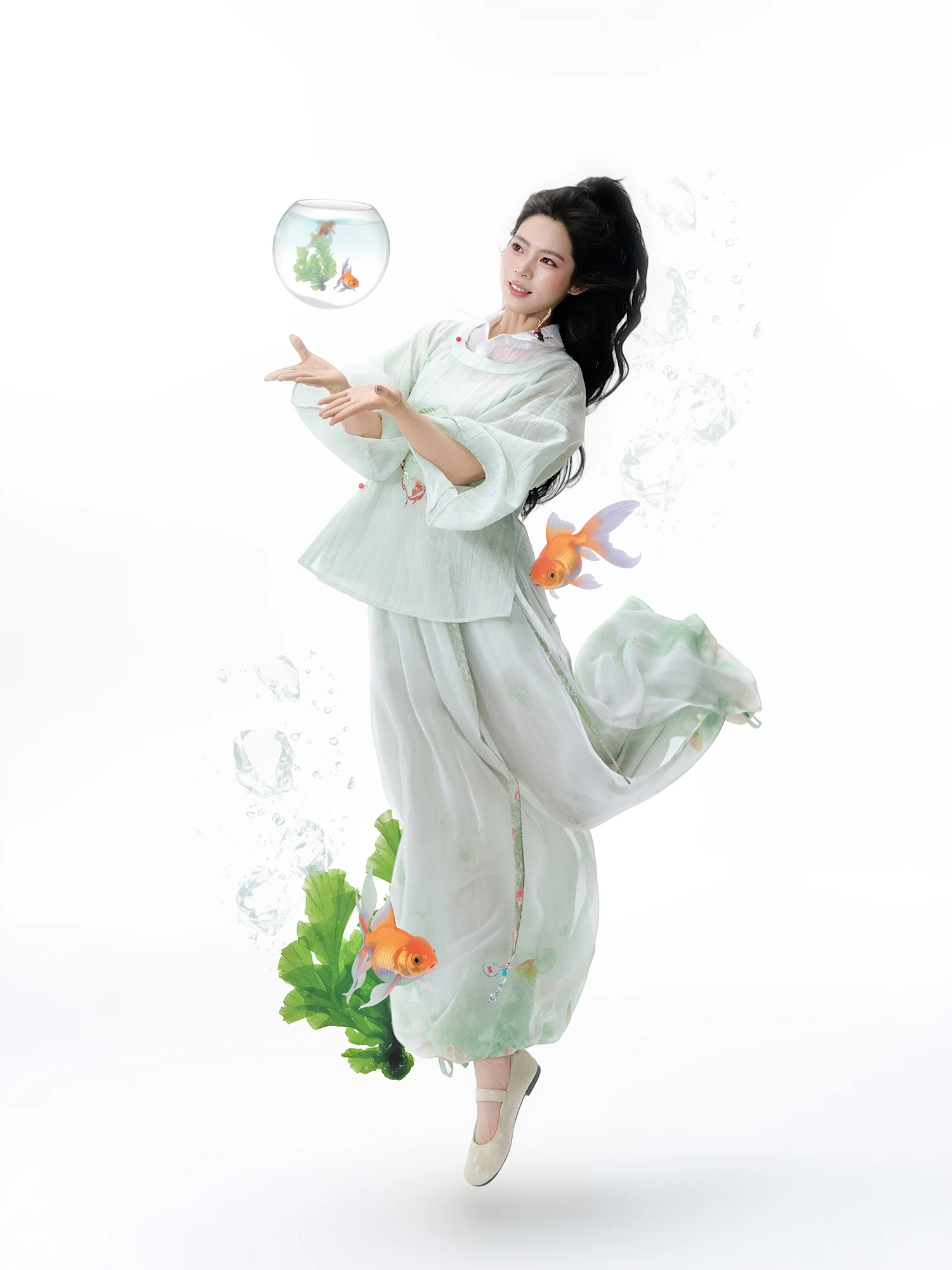 New Chinese Style Short  Tail Skirt Long Pants Fake Collar round Neck Shirt Spring Summer Hanfu Set by Zaojing Collection