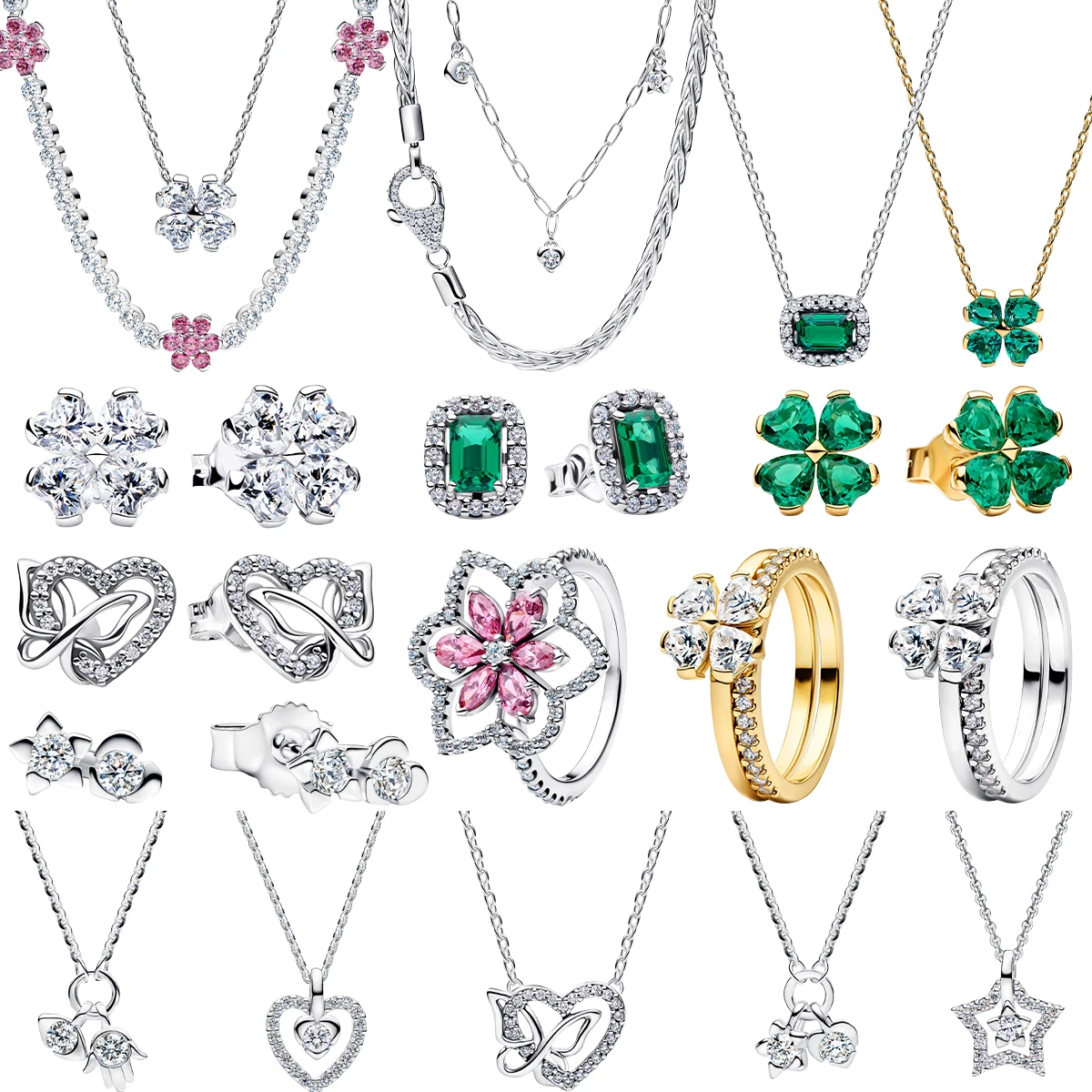 New 925 Sterling Silver Four Leaf Clover Flower Ear Stud Ring Pendant Bead fit DIY Women's Bracelets Necklaces Jewelry Gifts