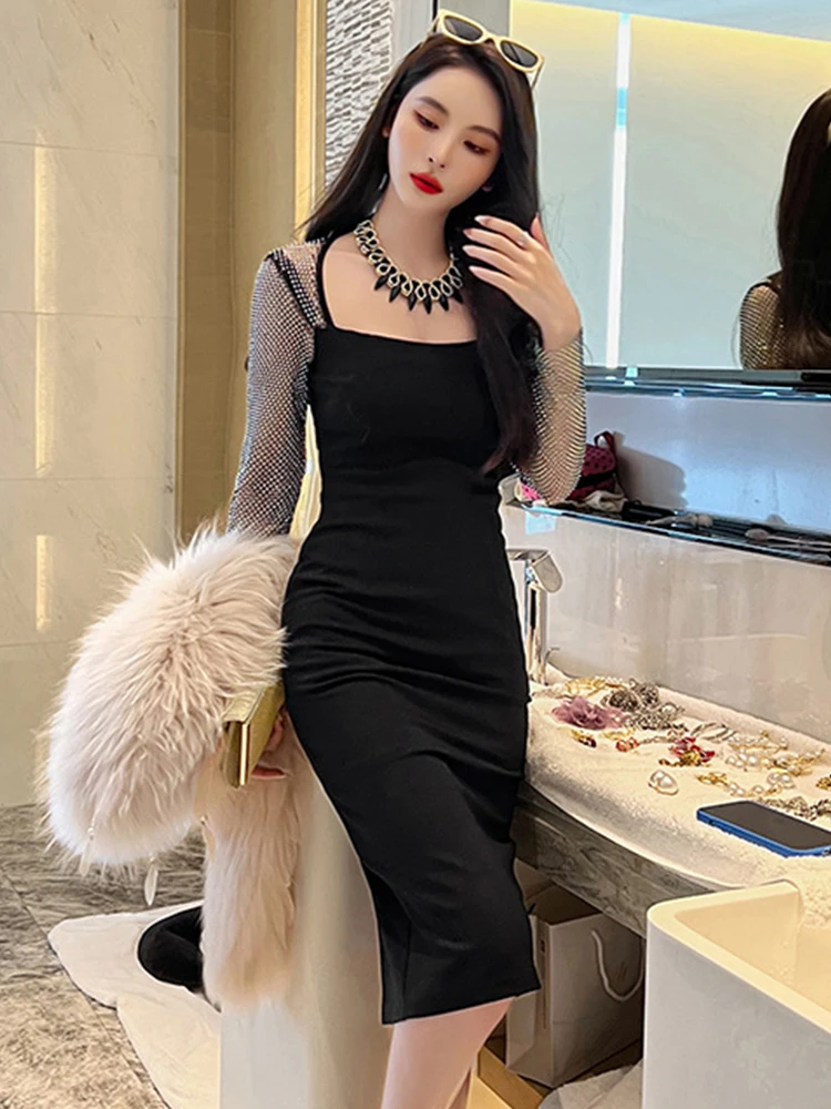 Spring Women Midi Dress Elegant Casual Sexy Black Sheer Mesh Rhinestone Long Sleeve Bag Hip Slit Outfit Femme Vestido Para Mujer