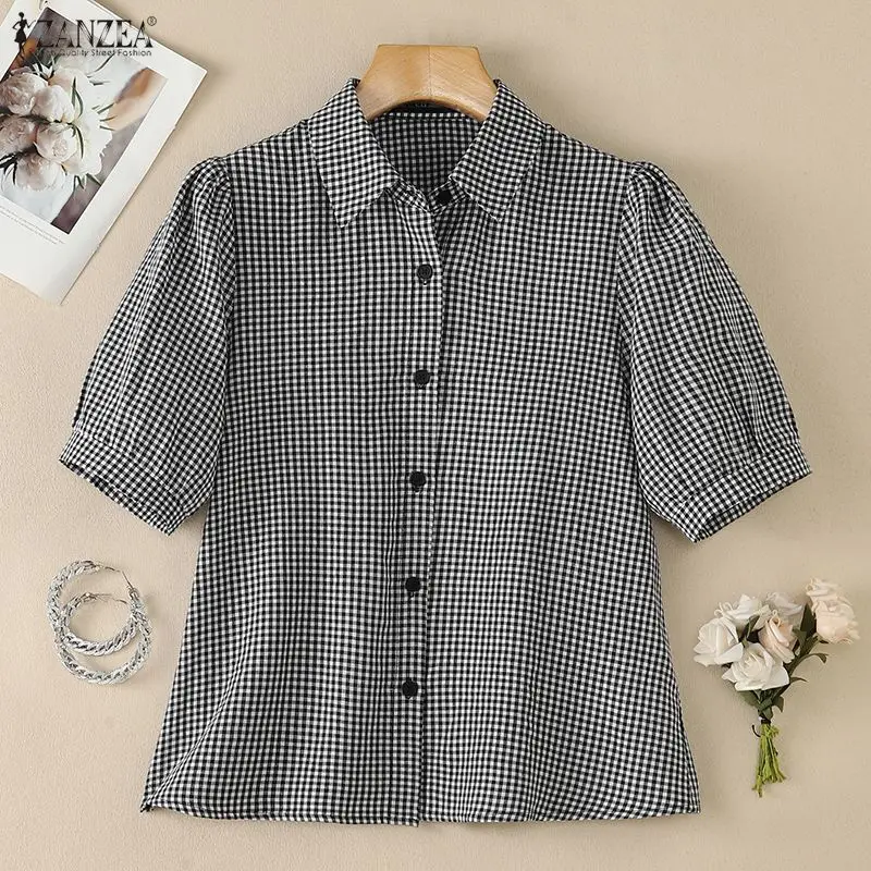Woman Gingham Check Shirts Turn-Down Collar Puff Sleeves Button Up Tops ZANZEA 2026 Summer Daily Casual Everyday Wear Camisas