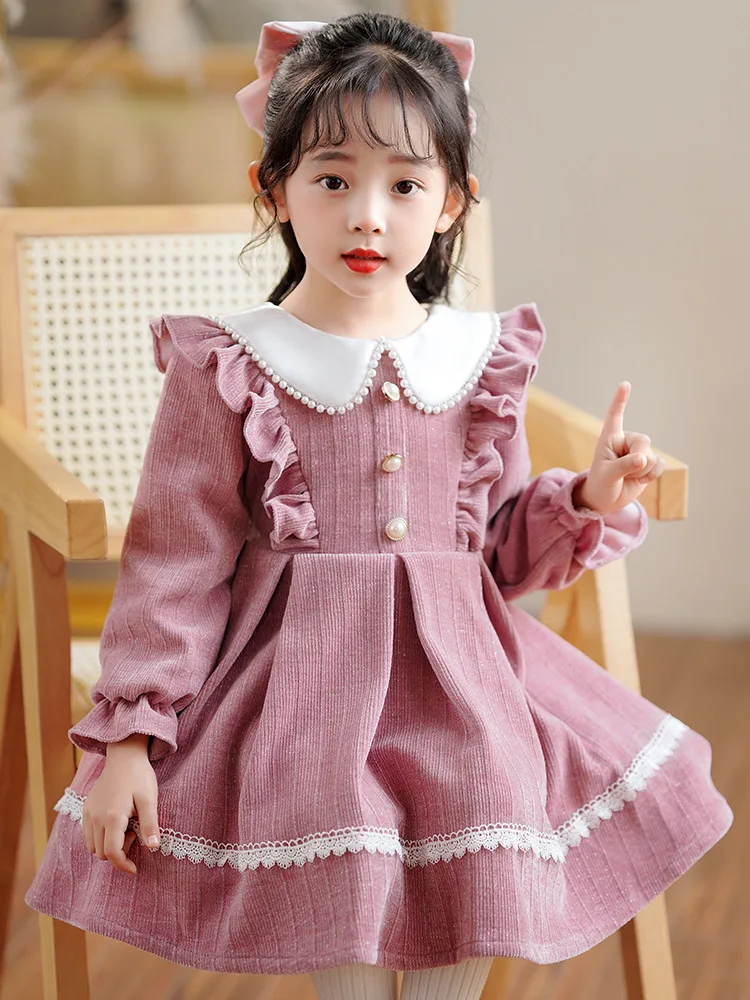 2024 New Cute Girls\' Princess Dress Spring Autumn Korean Children\'s Girls Peter Pan Collar A-line Party Dresses for Birthday