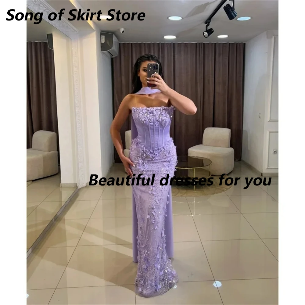 Vestido de noche lila de lujo para mujer, sin tirantes, satén suave, apliques, sirena, graduación, largo hasta el suelo, vestidos de fiesta formales personalizados