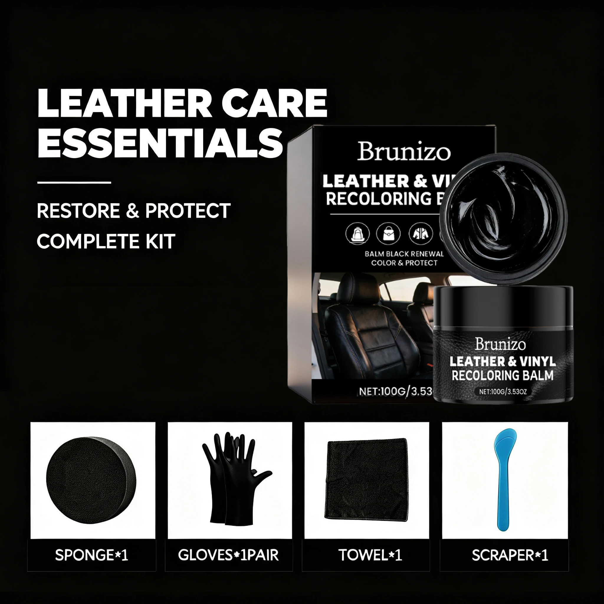 Black Leather Repair Kit Rub-Proof Leather Dye Balm for Car Seat Sofa Jacket Bags Waterproof Fast Drying Leather Restorer Paste