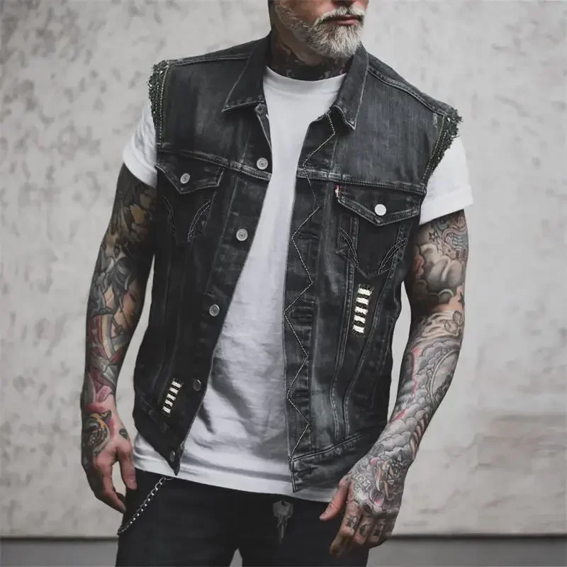 

Men's Denim Vest Spring And Autumn New European And American Printed Hole Design Casual Loose Large Size Vest