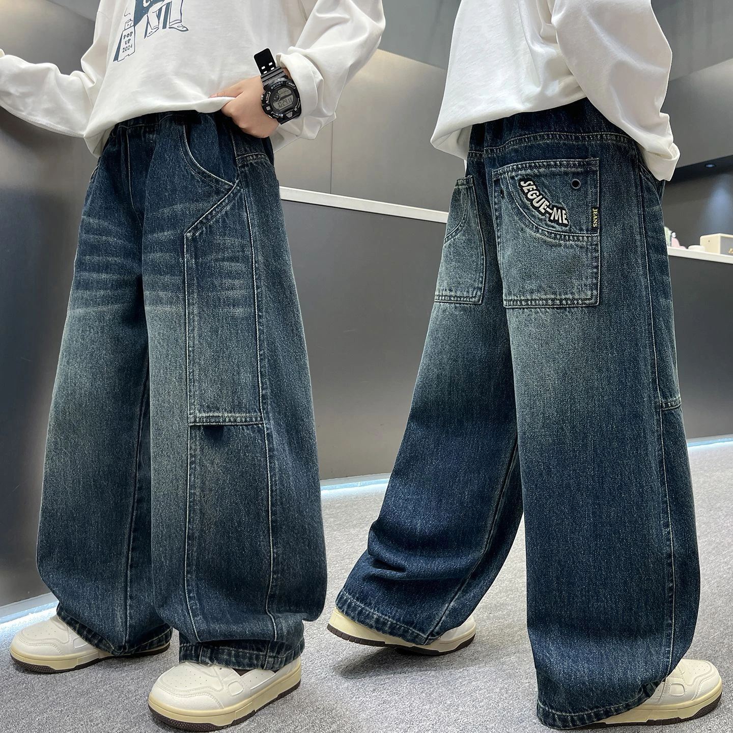 Boys Jeans Spring Kids Wide Leg Straight Trousers Autumn Loose-Fit Casual Trousers Children's Trendy Denim Pants 5-14Y