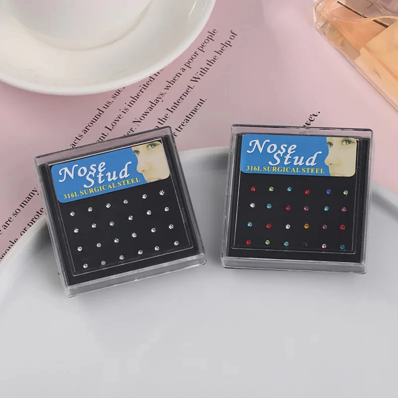 24pcs/box Crystal Nose Ring Studs Fashion Body Women Girl Jewelry Stainless Steel Surgical Steel Nose Piercing Jewelry Set