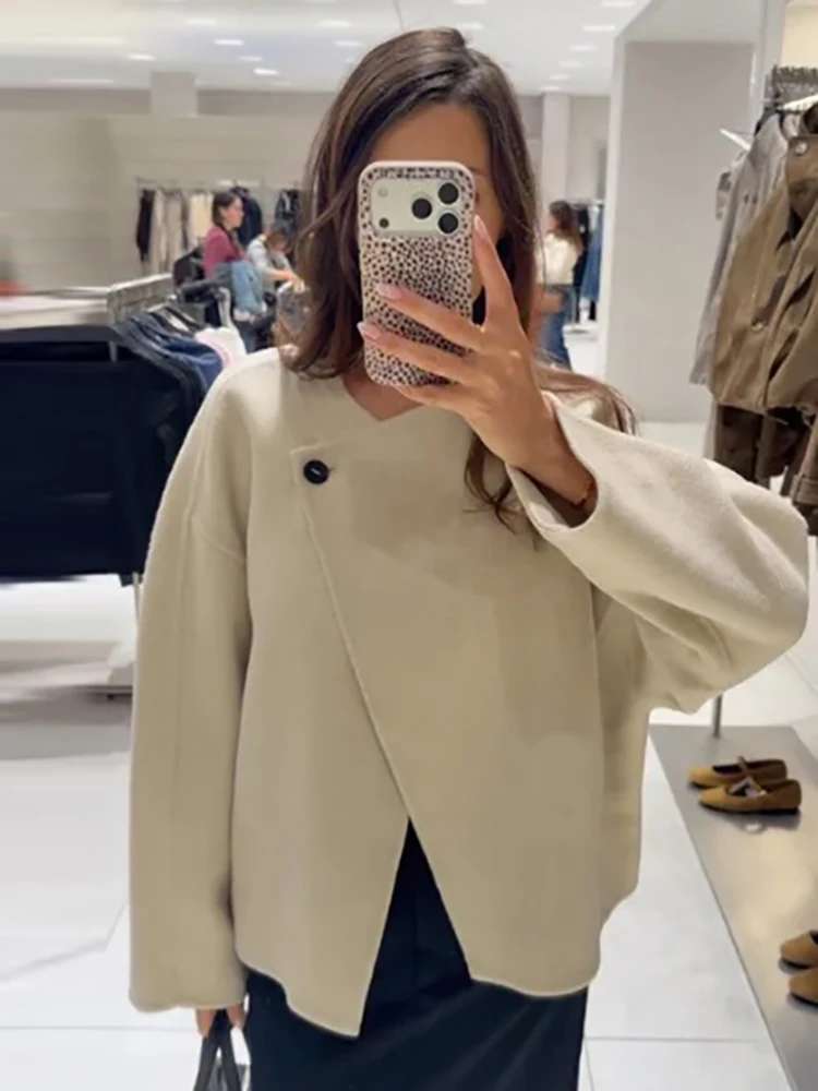 Women Minimalist Asymmetric One Button Short Coat Solid Loose Drop Shoulder Outerwear Chic Casual Fall Winter Daily Office Wear