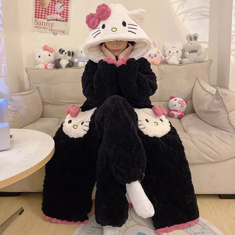 New Kawaii Hello Kitty Coral Velvet Hooded Pajamas Autumn and Winter Fashion Extra Thick Quilted Pajamas Set Home Wear