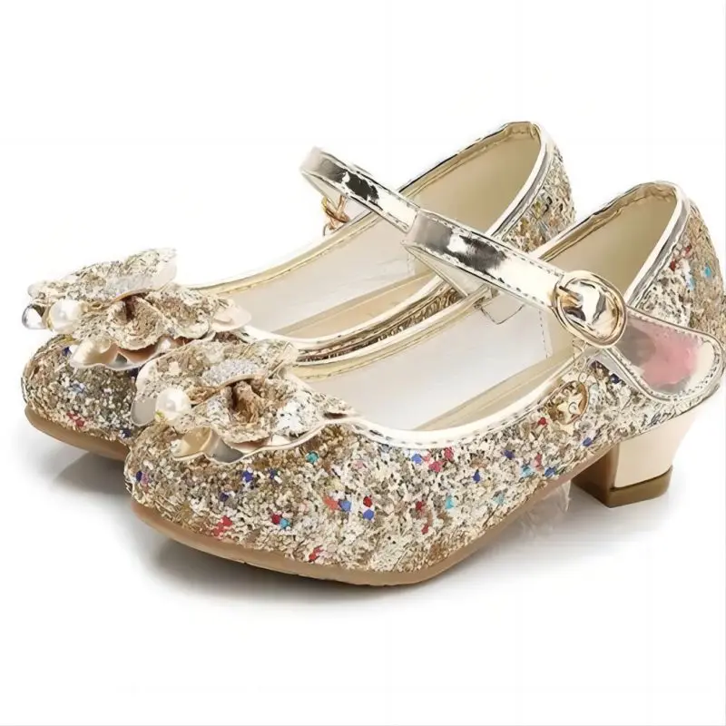 Princess Butterfly Leather Shoes Kids Diamond Bowknot High Heel Children Girl Dance Glitter Shoes Fashion Girls Party Dance Shoe