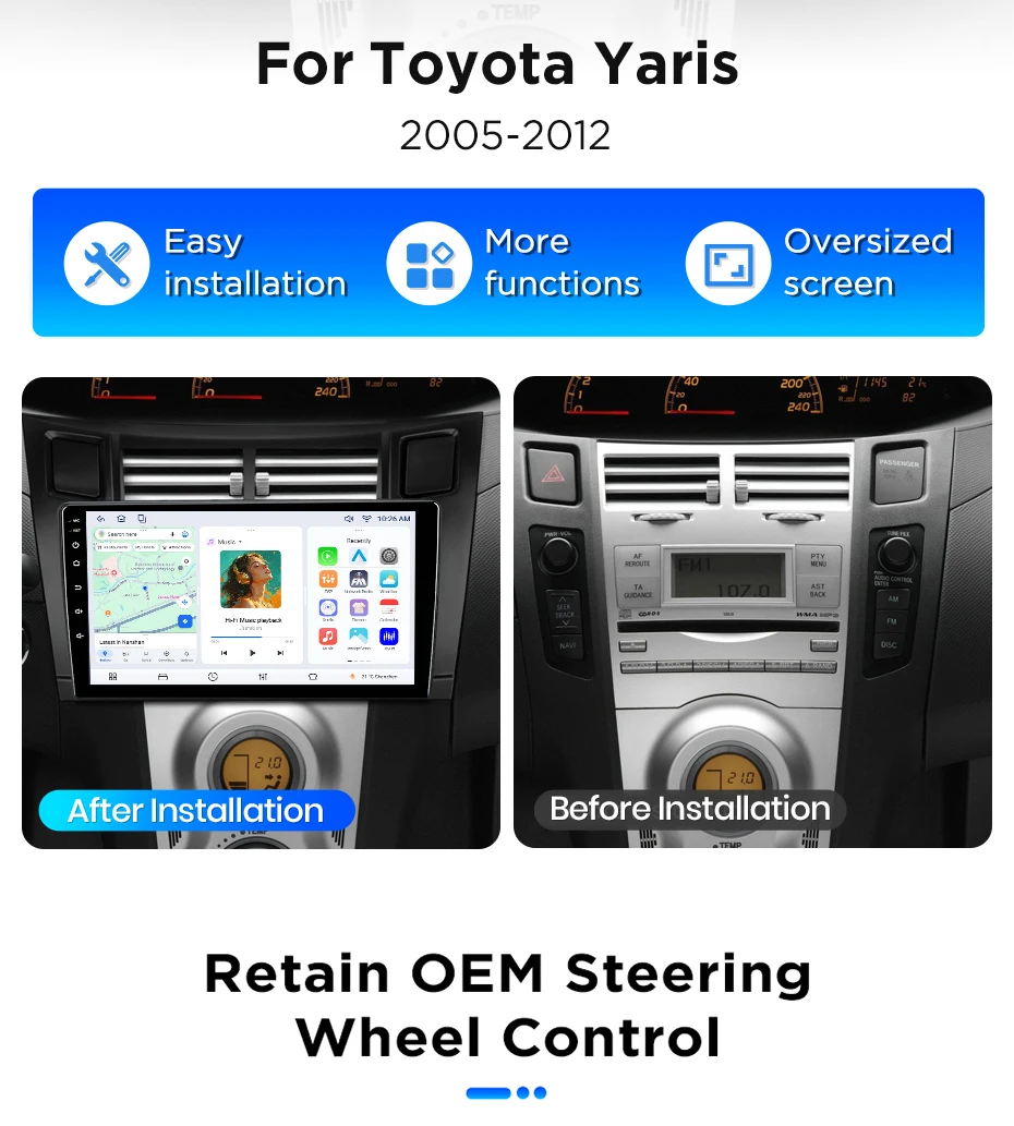 Junsun Android 15 Intelligente Autosysteme für Toyota Yaris Vizi 2005-2012, KI-gestütztes kabelloses CarPlay für Apple Auto – Detail 3