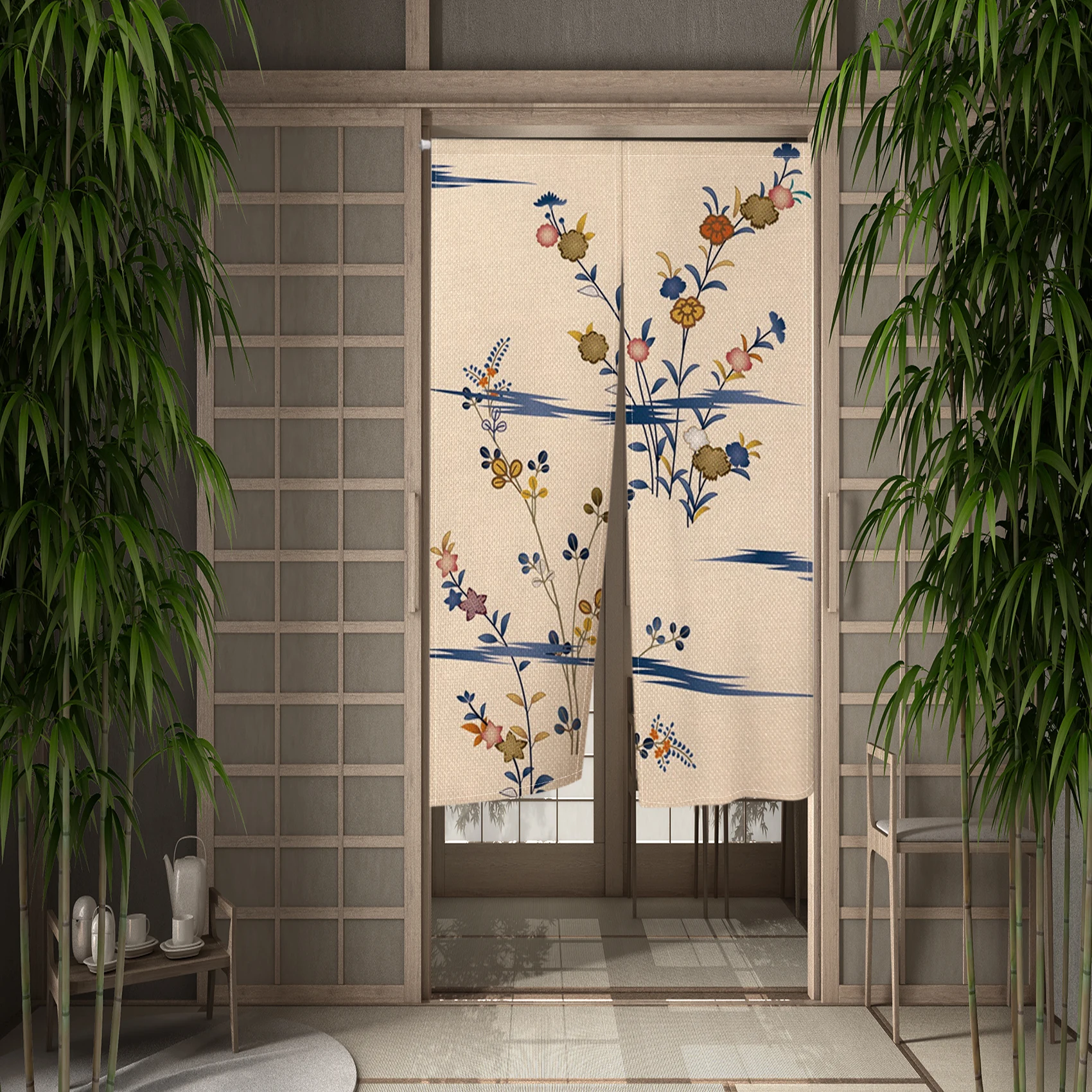 Golden Leaves Flowers Door Curtains Art Japanese Doorway Living Room Partition Curtains Drape Entrance Hanging Half-Curtain Prop